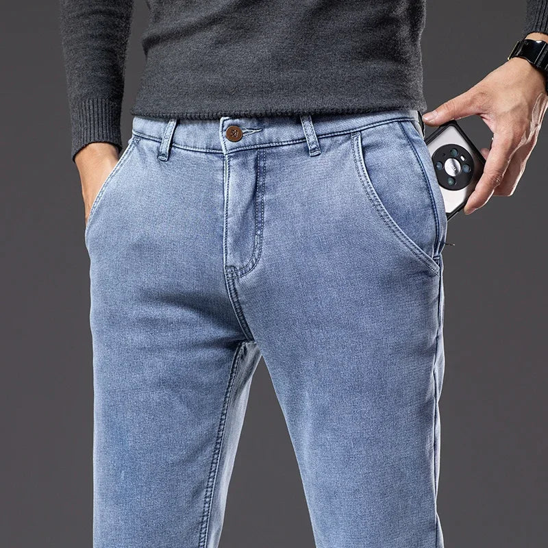 Winter Fleece Thick Warm Jeans Classic Brand Business Casual Men's Fitted Straight Stretch Mid-high Waist Denim Jeans