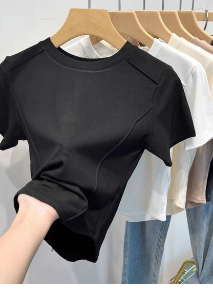 2026 Summer White T-shirt Cotton Female Short-sleeved Student Versatile Slim T-shirt Harajuku Crop Top Trend