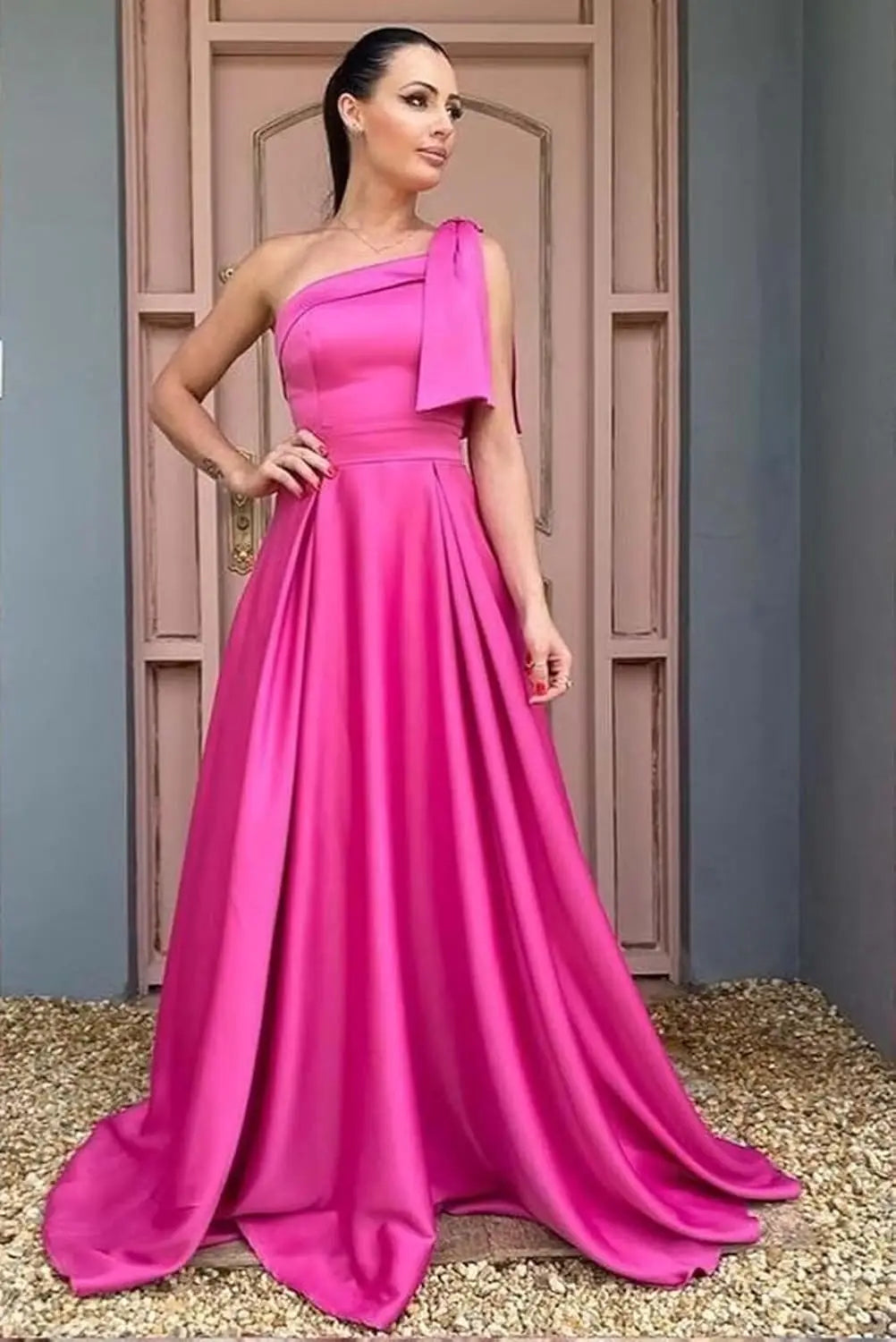 One Shoulder Large Bow Bridesmaid Dress with Pleated Satin and Pockets Simple ,Stylish Ball Dressadies' Guest One Shoulder Dress