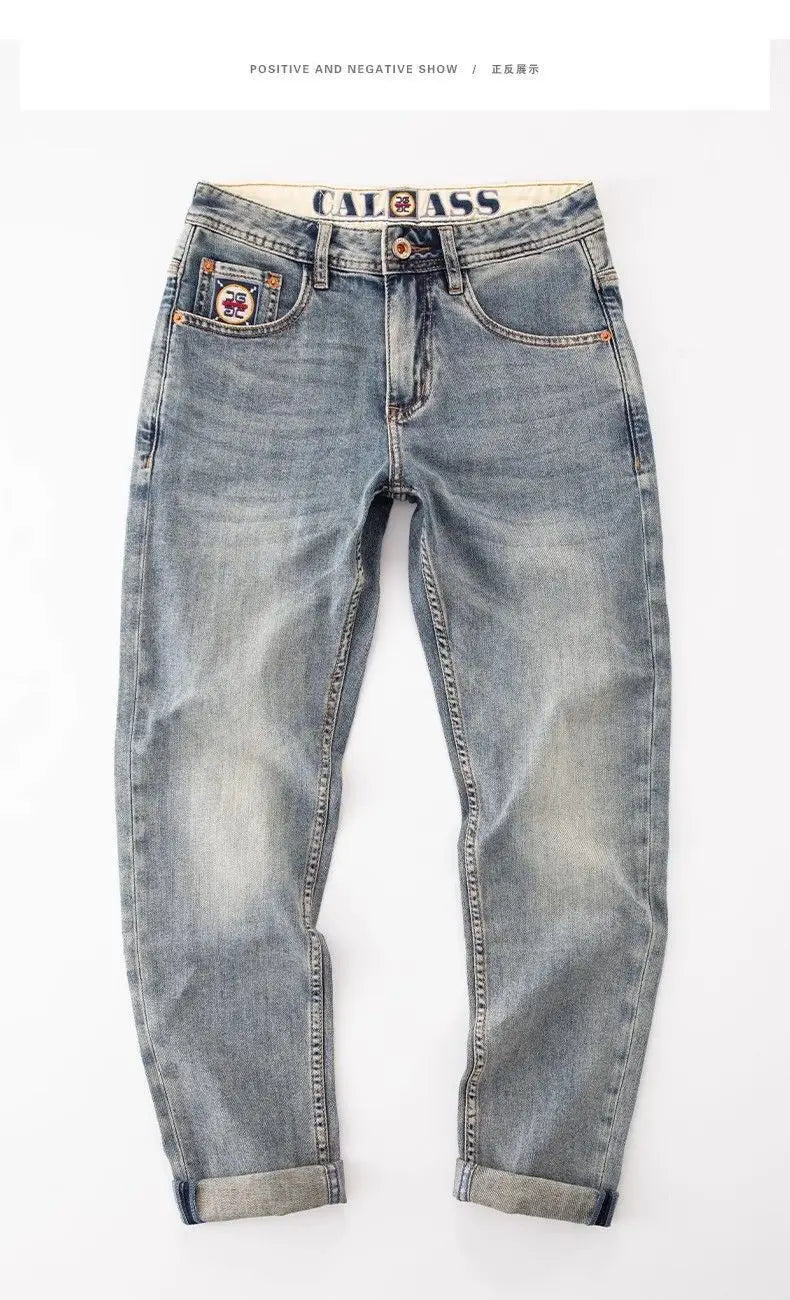 New Washed Light Blue Polished Cargo Jeans Men's Summer American Trendy Brand Small Straight Retro Casual Youth Trousers