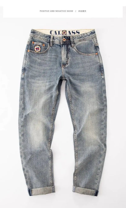 New Washed Light Blue Polished Cargo Jeans Men's Summer American Trendy Brand Small Straight Retro Casual Youth Trousers