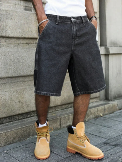 Men's Summer Black-Grey Loose Baggy Denim Shorts