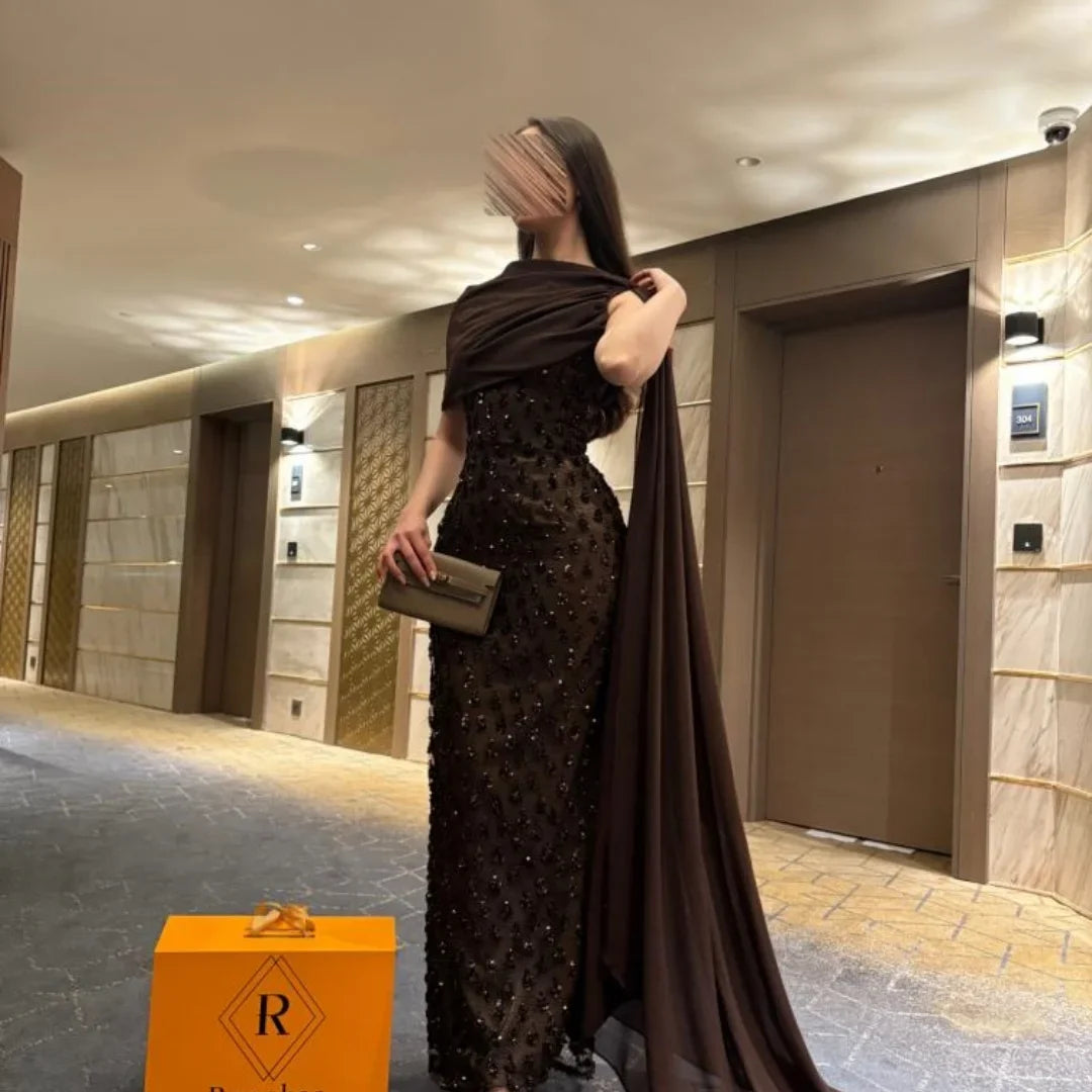 Customized Chocolate Brown One Shoulder Prom Dress Sequin Beaded Draped Cape robes de soirée Luxury Party Dresses 2025