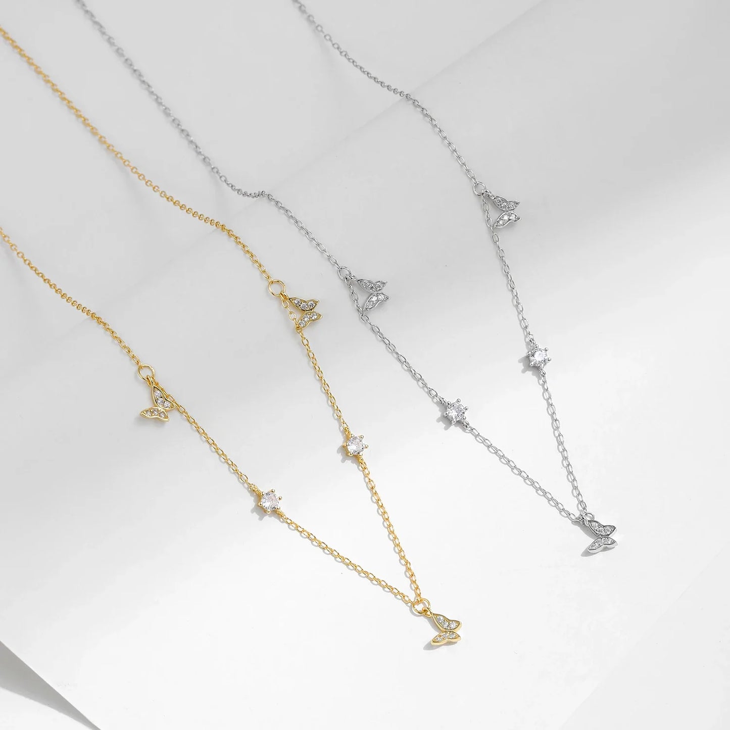 Flying Butterfly CZ Necklace 925 Sterling Silver Simple Link Chain Charms White Gold Plated Necklaces For Women Jewelry