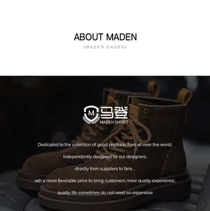 Maden New Vintage Brown Winter Work Boots Casual Suede High-top Boots Thick Soles Round Toes Shoes Men's Shoelaces Boots