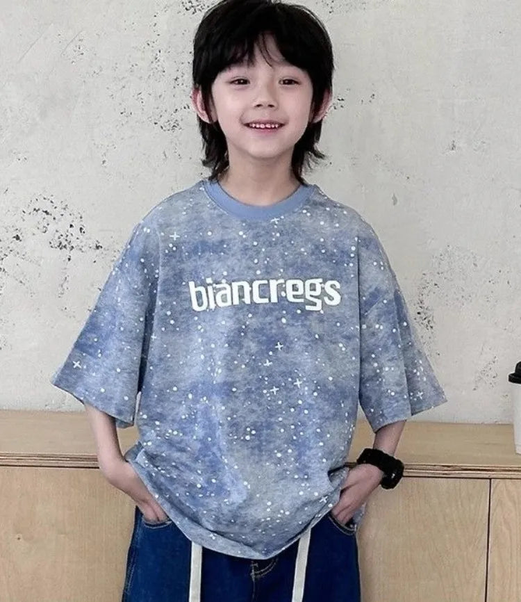 2026 New Boys' Summer Starry Sky Tie Dye Short Sleeve T-Shirt Pure Cotton Stylish Boys' Tops Trendy Summer Wear