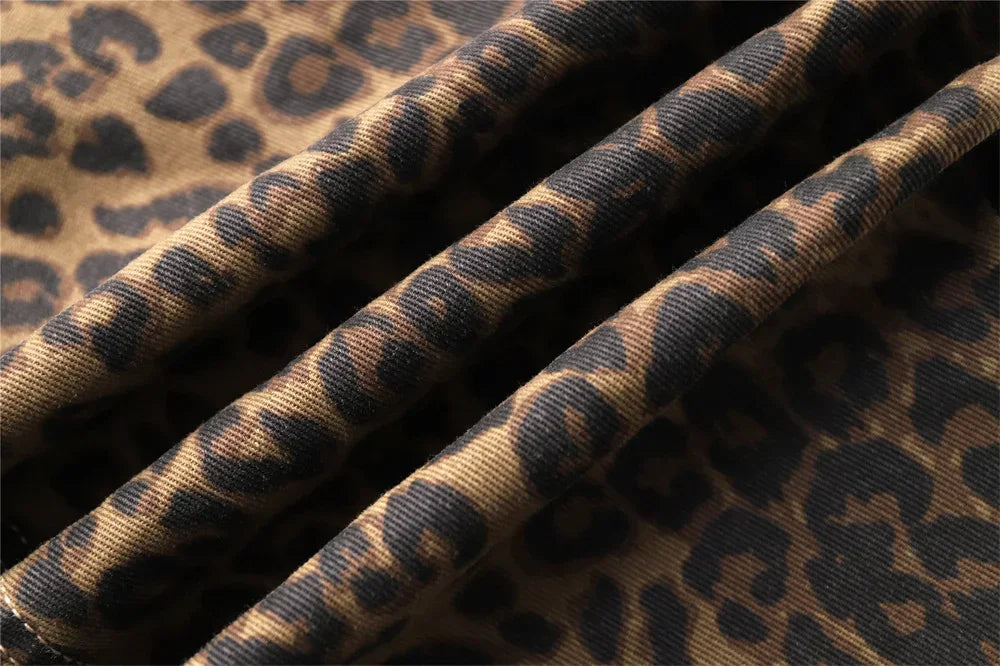 High Waisted Leopard Print Jeans for Women Y2k Retro Streetwear Denim Pants Hip Hop Straight Wide Leg Baggy Jeans