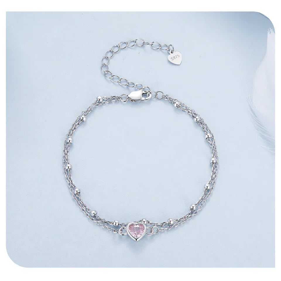 925 Sterling Silver Double Layer Bracelet Pink Heart Adjustable Round Beads Chain Link for Women Valentine's Day Gift