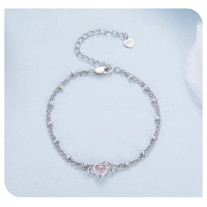 925 Sterling Silver Double Layer Bracelet Pink Heart Adjustable Round Beads Chain Link for Women Valentine's Day Gift