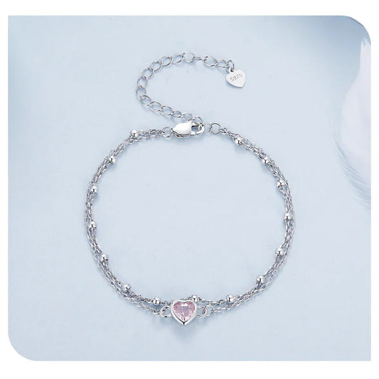 Bracelet double couche en argent sterling 925 avec cœur rose, perles rondes réglables et chaîne maillée pour femme, cadeau de Saint-Valentin