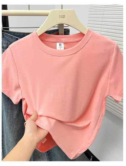 2026 Summer New High Quality Casual Plus Size T Shirt Sexy Short Sleeved Sleeves Fashion Trend Solid Women Clothing Y2k Tops