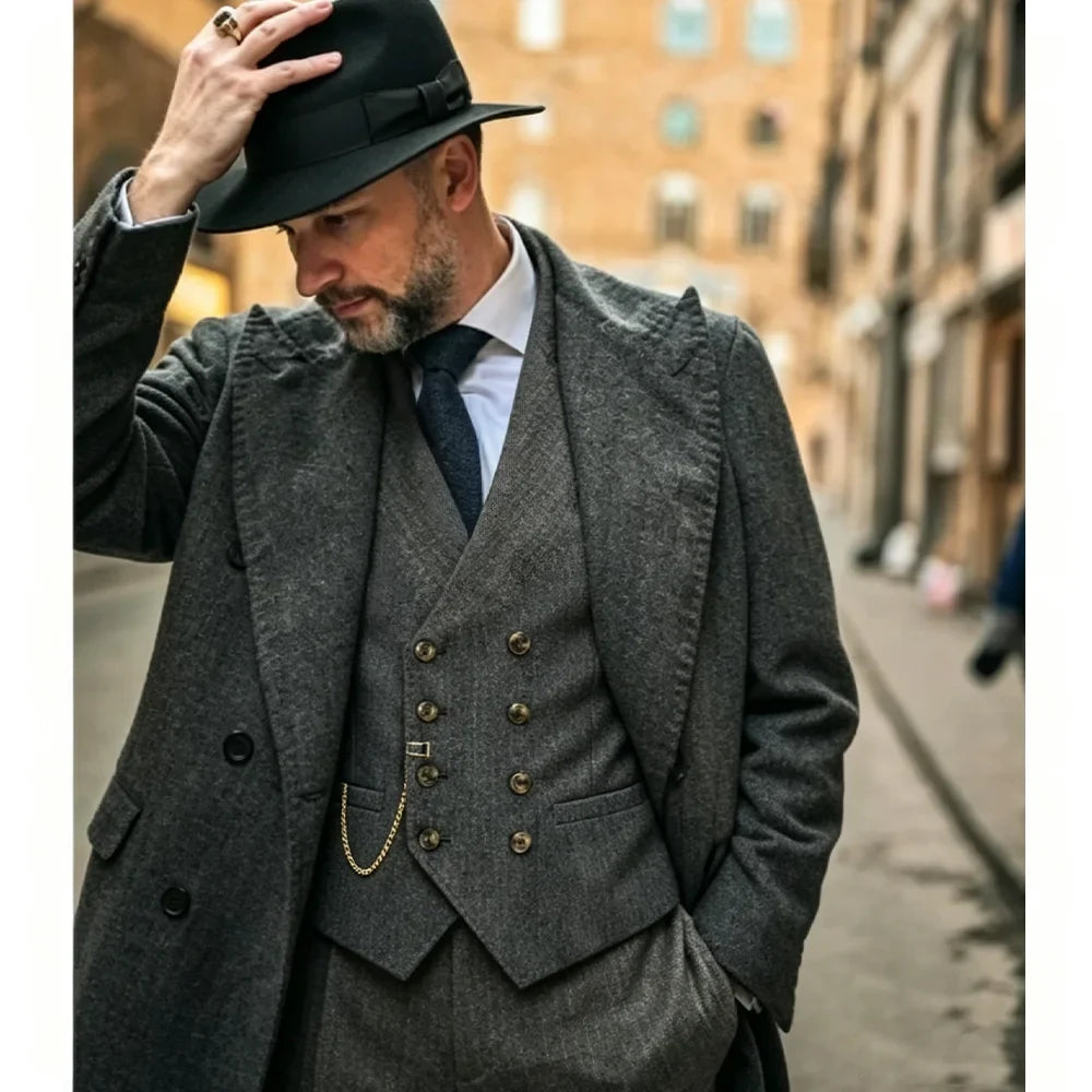 Men's Suit Vest Herringbone Pattern Retro British Style Double Breasted Waistcoat Four Season Outerwear Wedding Party traveling