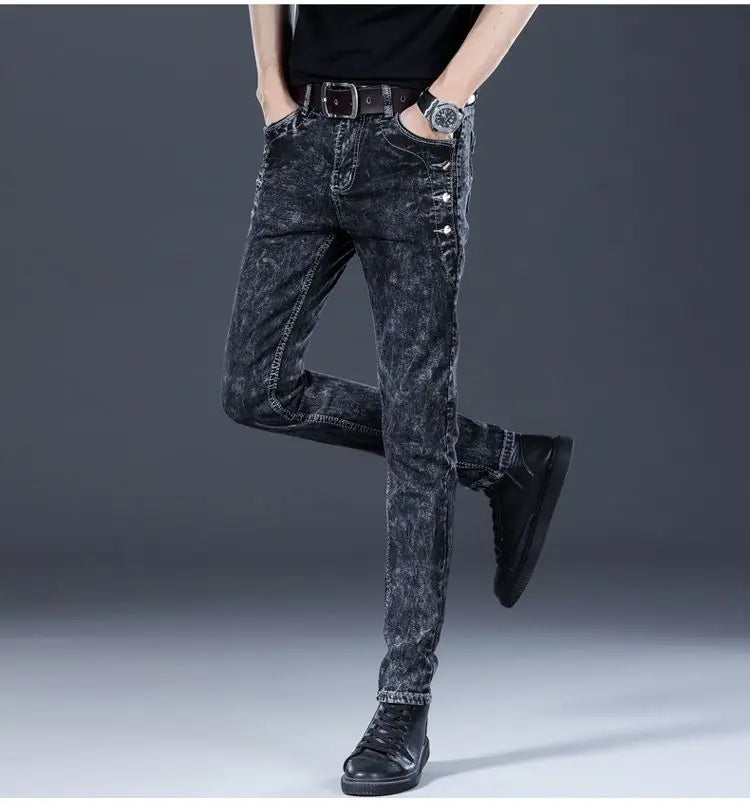Autumn Winter Brushed Cowboy Luxury Slim Designer Clothes Male Korean Style Denim Skinny Plush Grey Jean Pants Trousers for Men