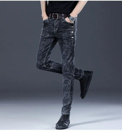 Autumn Winter Brushed Cowboy Luxury Slim Designer Clothes Male Korean Style Denim Skinny Plush Grey Jean Pants Trousers for Men