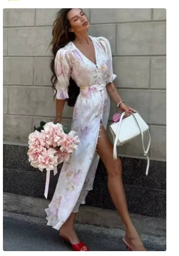 V-neck Organza Floral Chiffon Puff Sleeve Slit Long Dress Bodycon High Slit Bodycon Sexy Dresses Lady Chic Daily Sweet Date Robe