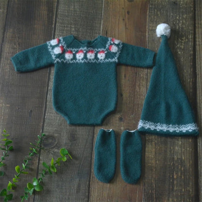 Christmas Baby Clothing Newborn Boy Girl Photography Santa Claus Costumes Sets Green Knitted Romper Stockings Hat 3pcs for Xmas