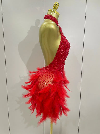 Women Luxury Rhinestones Pearls Feathers Halter Backless Short Dress Women Sexy Celebrate Birthday Dress Nightclub Stage Costume
