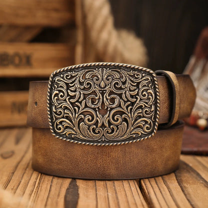 A Western-Buckle PU Belt Suitable for Both Men and Women, A Unique and Retro Brown Belt (With Perforated Nails Included)