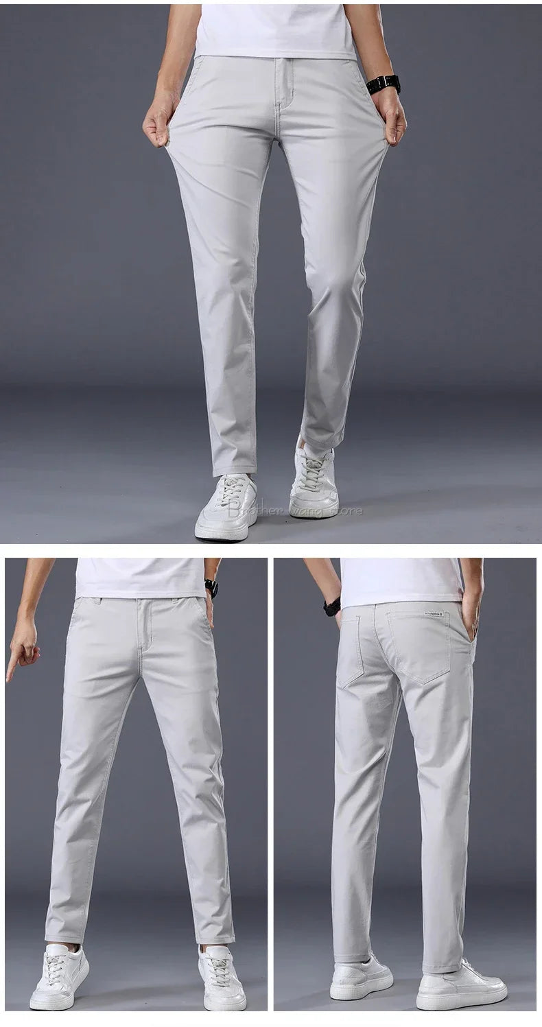 Summer Thin Men's Casual Pants Cotton 7 Colors Classic Style Elastic Straight Slim Fit Business Fashion Long Trousers Male