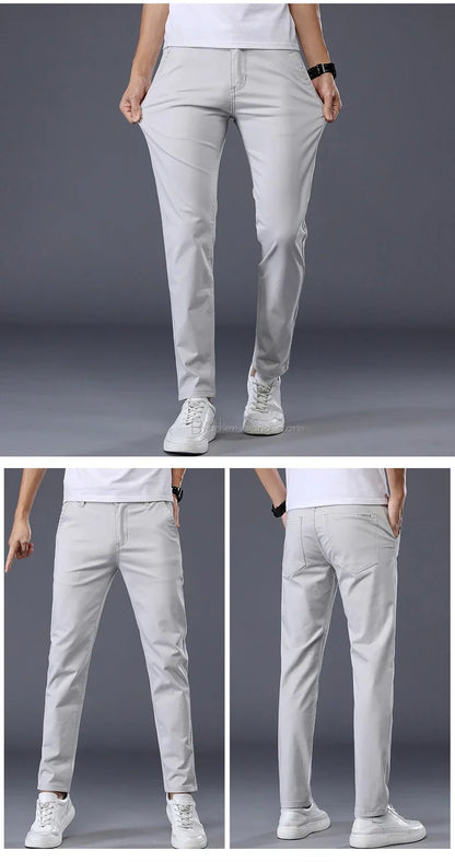 Summer Thin Men's Casual Pants Cotton 7 Colors Classic Style Elastic Straight Slim Fit Business Fashion Long Trousers Male