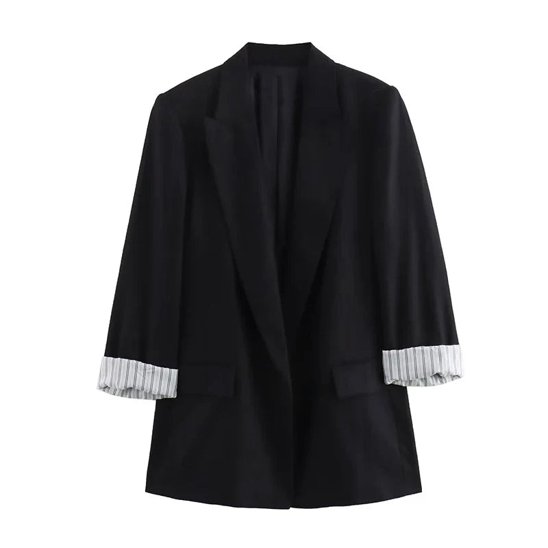 Women Fashion With Pockets Solid Blazer Vintage Notched Neck Long Sleeves Female Chic Lady Outfits