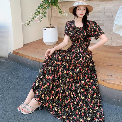 Summer New Cotton Silk Floral Print Maxi Dr ort Sve Beachwear High Waist Young Women's Large Skirt Swing Dr