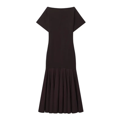 2026 Women Summer Fashion Solid Midi Dress Side Zipper Pleated Woman Ship-type Short Sleeved Stitching Holiday Party Dress