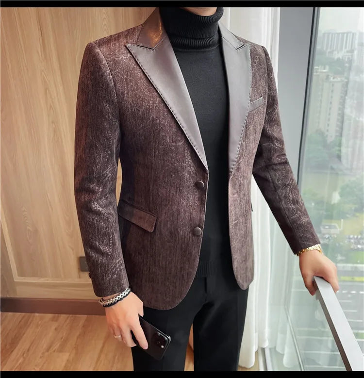 2025 Fashion Leather Neck Spliced Suit Jacket Luxury Men's Business Slim Fit Social Formal Blazers Coats Wedding Groom Tuxedos