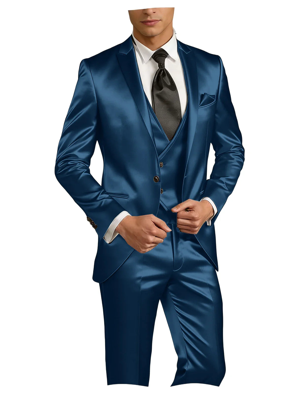 Luxury Men's Satin Suit 3 Piece Set Notch Lapel Slim Fit 1 Button Blazer Vest Pants for Formal Groom Groomsmen Prom Party
