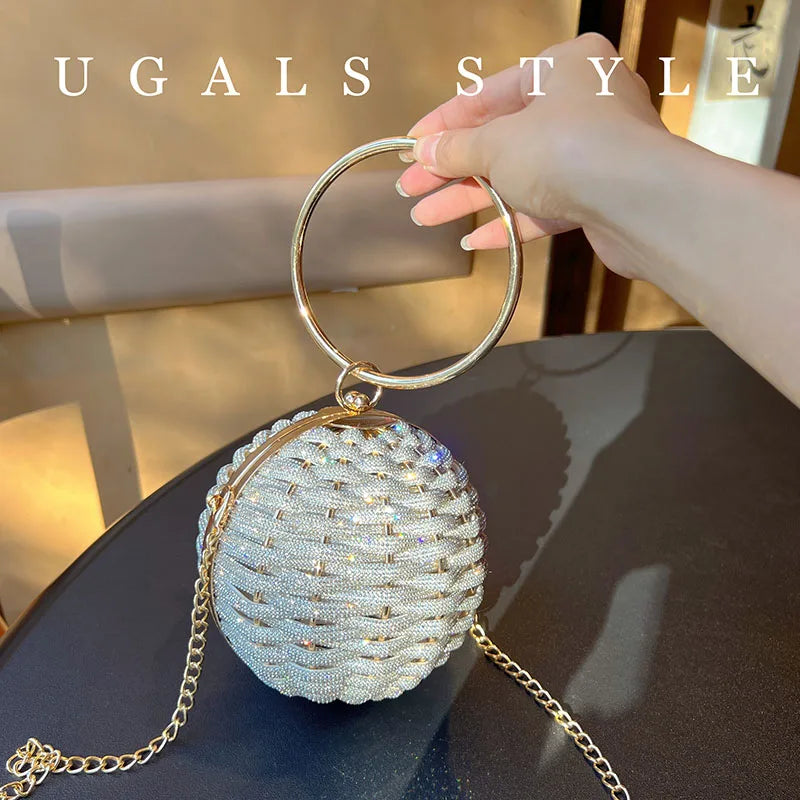 Ball Shape Evening Bag Women Woven Handbag Glitter Rhinestone Woven Knitted Purse Elegant Wedding Prom Party Clutch Shoulder Bag