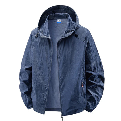 Men's Hooded Sun Protection Jacket Lightweight Outdoor Windbreaker Quick Dry Breathable UV Coat for Hiking Running Travel Beach