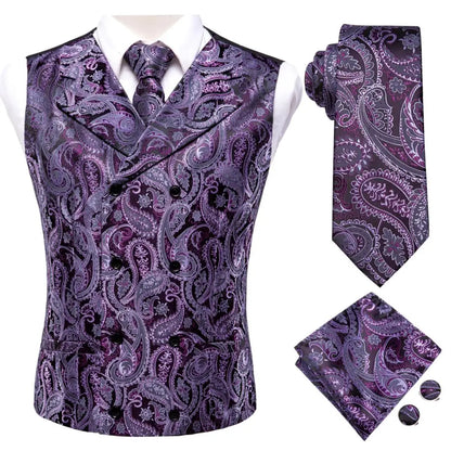 Slim 4PC Vest Necktie Pocket Square Cufflinks Silk Men's Waistcoat Neck Tie Set for Suit Dress Wedding Paisley Floral Vests Gift