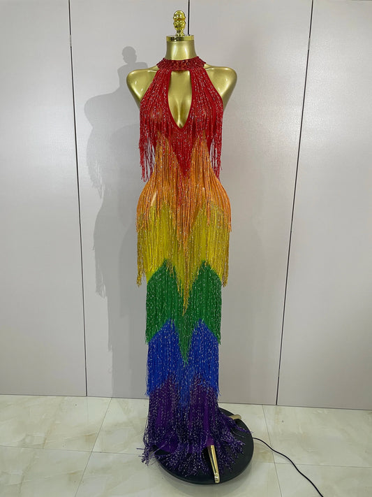 Women Sparkly Diamonds Graduated Rainbow Color Long Dress  Sexy Mesh Evening Party Birthday Club Gowns Photoshoot Stage Costumes
