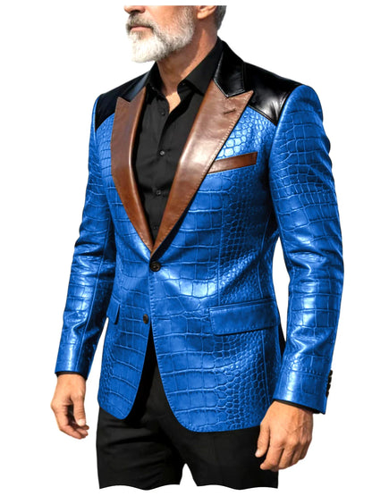 Men's Crocodile Embossed Leather Blazer Luxury Patchwork PU Leather Suit Jacket Slim Fit Peaked Lapel Casual Business Outerwear