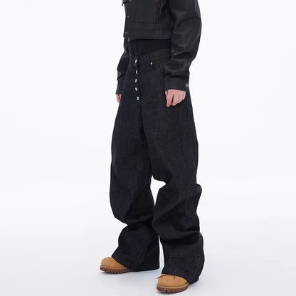 High Street Retro Buckle Design For Men'S Jeans Street Ruff And Handsome Loose Casual Wide Leg Pants Black Jeans