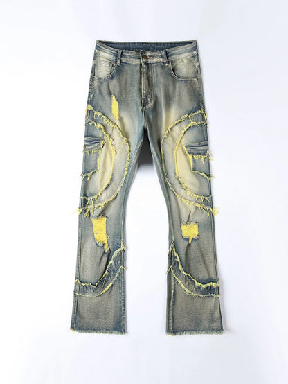 2025 New European and American men's casual jeans, street punk fashion, retro, ripped hole, slightly flared tassel elastic jeans