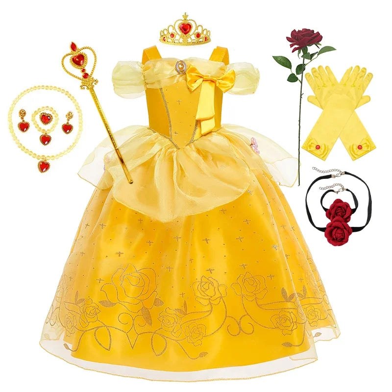 Kids Cosplay Disney Beauty and The Beast Belle Princess Dress Girls Party Costume Children Fancy Birthday Party Flower Disguise