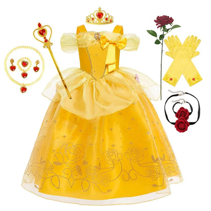 Kids Cosplay Disney Beauty and The Beast Belle Princess Dress Girls Party Costume Children Fancy Birthday Party Flower Disguise