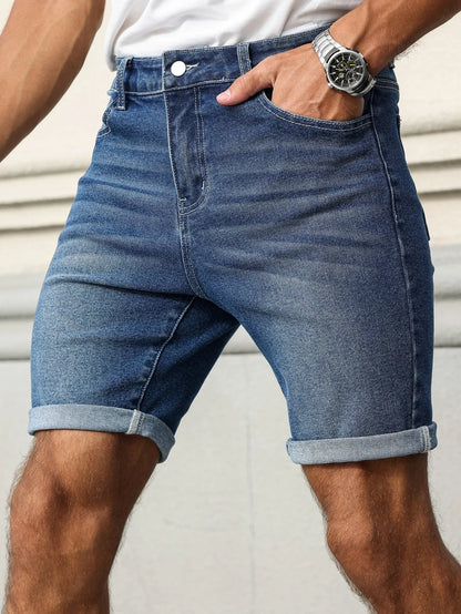 Men's Summer Denim Shorts, with a Blue Retro Texture. The Style Is Simple, Casual, and Street-Style.