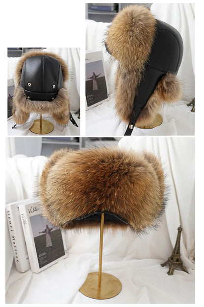 Winter Cap Man 100% Real Sliver Fox Fur Bomber Hat Men's Raccoon Fur Hat Ushanka Cap Trapper Russian Ski Caps Hats Real Fur Hat