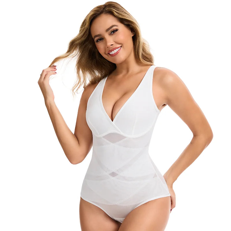 Women's High Stretch Bodysuit Shapewear Bodysuit Sexy Cross Mesh Underwear Tummy Control Slimming Full Body Shaper
