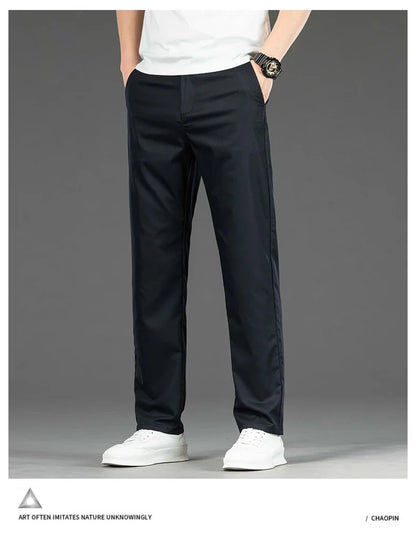 Spring Summer New Men's Casual Pants Thin Mulberry Silk Soft Business Casual Trousers Slim Straight Elastic Suit Pants Male