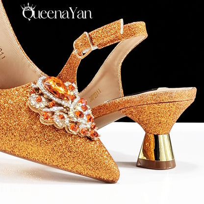 Hot Selling INS Pointed-Toe Luxury Style Women High Heels Sandal With Bag Set Orange Color for Wedding Party
