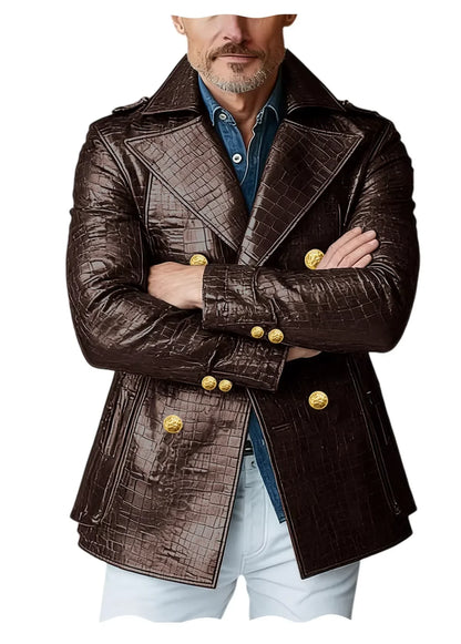Men's Crocodile Embossed Leather Peacoat Double Breasted Gold Button Jacket Luxury Casual Overcoat