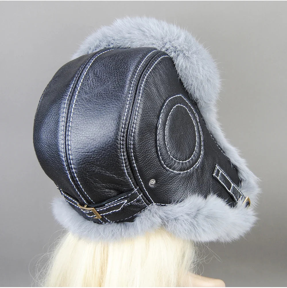 Hot Sale Winter Women's 100% Real Rabbit Fur Bomber Hat Ushanka Cap Trapper Russian Woman Ski Hats Caps Real Sheepskin Leather