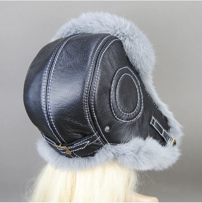 Hot Sale Winter Women's 100% Real Rabbit Fur Bomber Hat Ushanka Cap Trapper Russian Woman Ski Hats Caps Real Sheepskin Leather