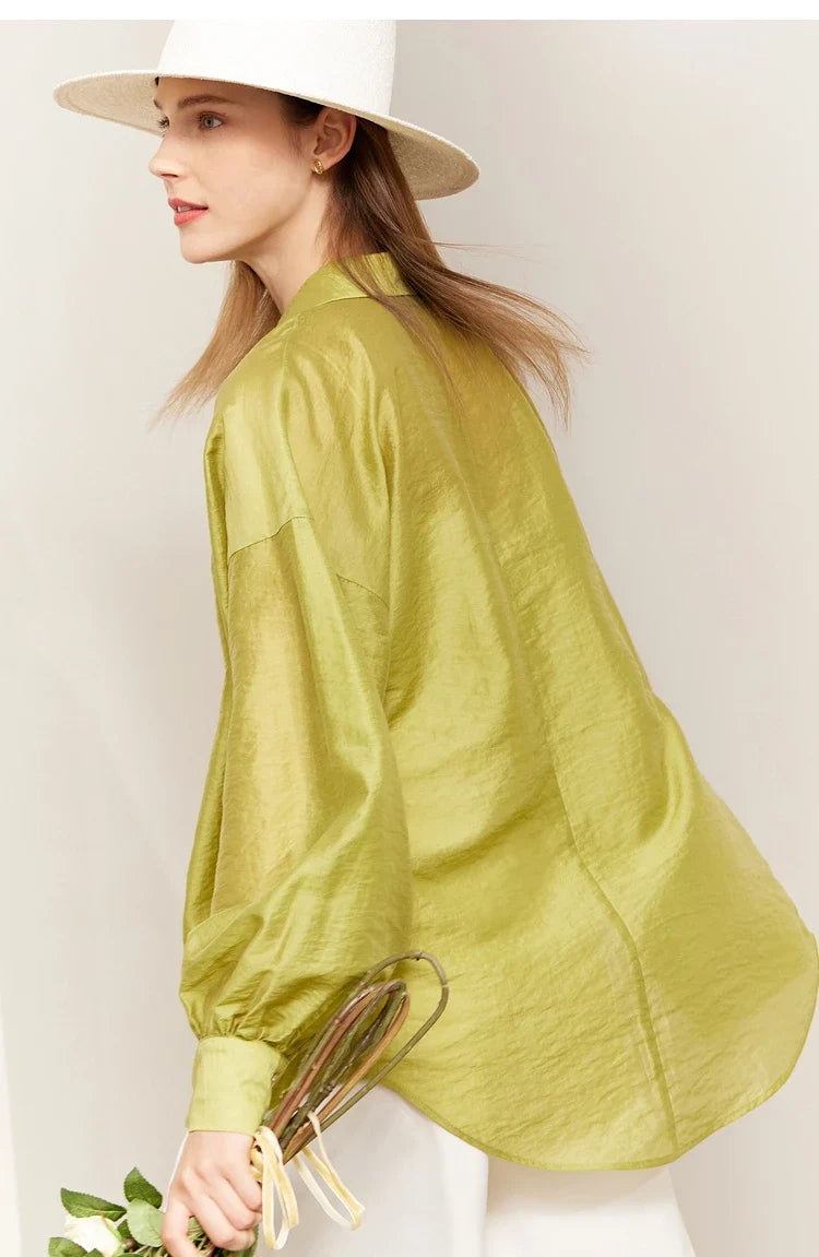Minimalist Blouse for Women 2023 Autumn Lantern Sleeve V-Neck Slightly Transparent Elegant Commuter Clothing Tops 72341030