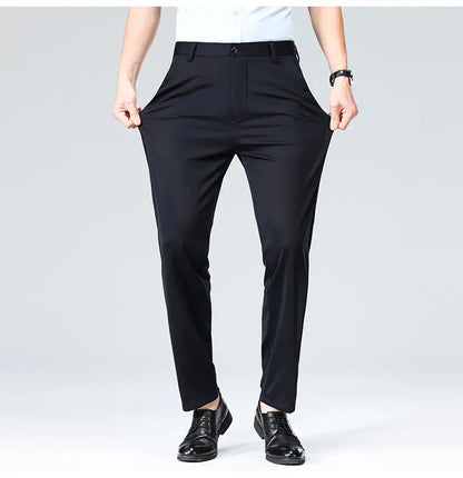 High-stretch fabric men's business trousers suitable for all seasons, featuring an elastic waistband and classic office/work for