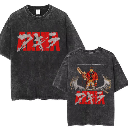 Washed Vintage Anime Akira T Shirts Japanese Science Fiction Cartoon Movie Shotaro Kaneda T-shirt Men's Manga Oversized T-shirts