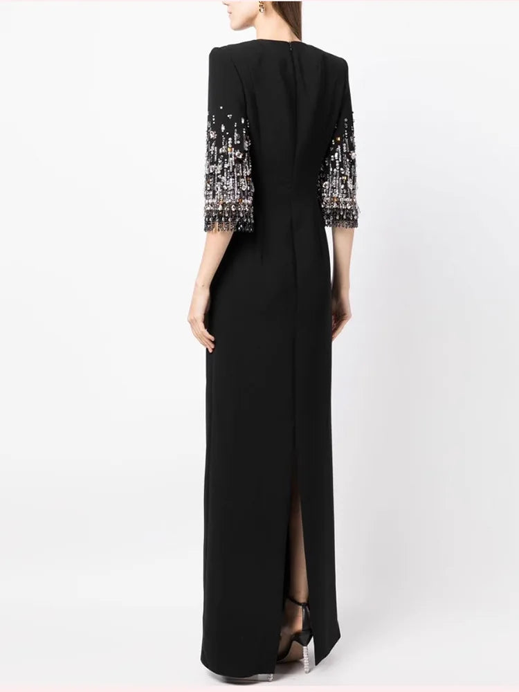 HIGH STREET Newest Fashion 2026 S/S Designer Vestido Women's Half Sleeve Stunning Beaded  Long Maxi Dress